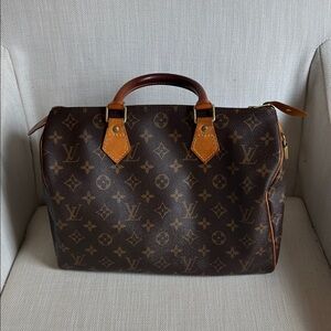 Louis Vuitton Brown Monogram Canvas Speedy Tote with Tan Trim